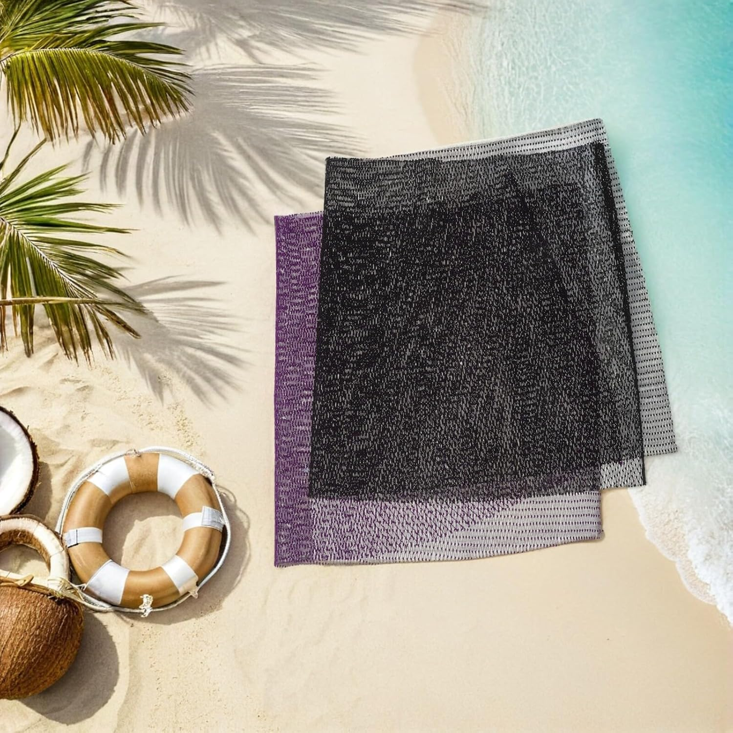 PHENOFICE 2Pcs African Net Sponge Exfoliating Shower Body Net with Knots, Long African Bath Scrubber for Back and Skin Exfoliation, Gentle Deep Cleansing Bath Towel Set (Black + Purple)