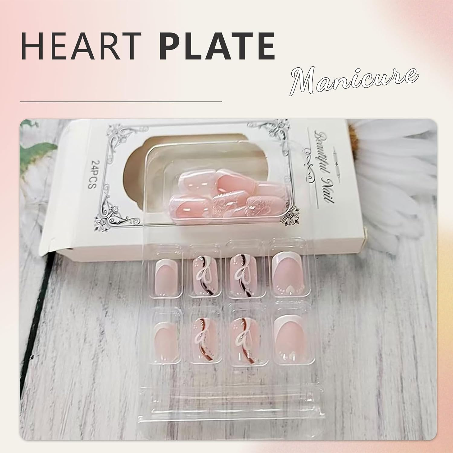 Cosmeria Press on Nails Set, 24 Pieces Fake Nails with Heart Design, Easy to Use with Jelly Glue, Includes Nail File and Cleaning Kit image number 1