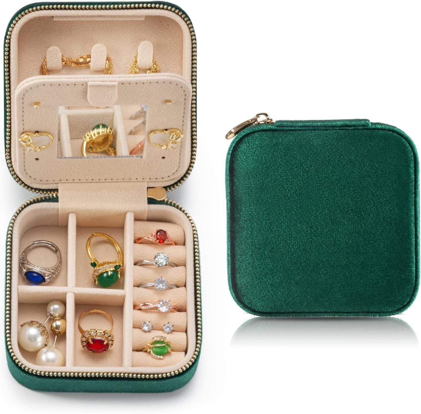 Velvet Travel Jewelry Box, Mini Travel Jewelry Case Organizer with Built in Mirror for Women Girls, JOMWEN Portable Display Storage Box for Rings Earrings Necklaces Bracelets (Emerald Green)