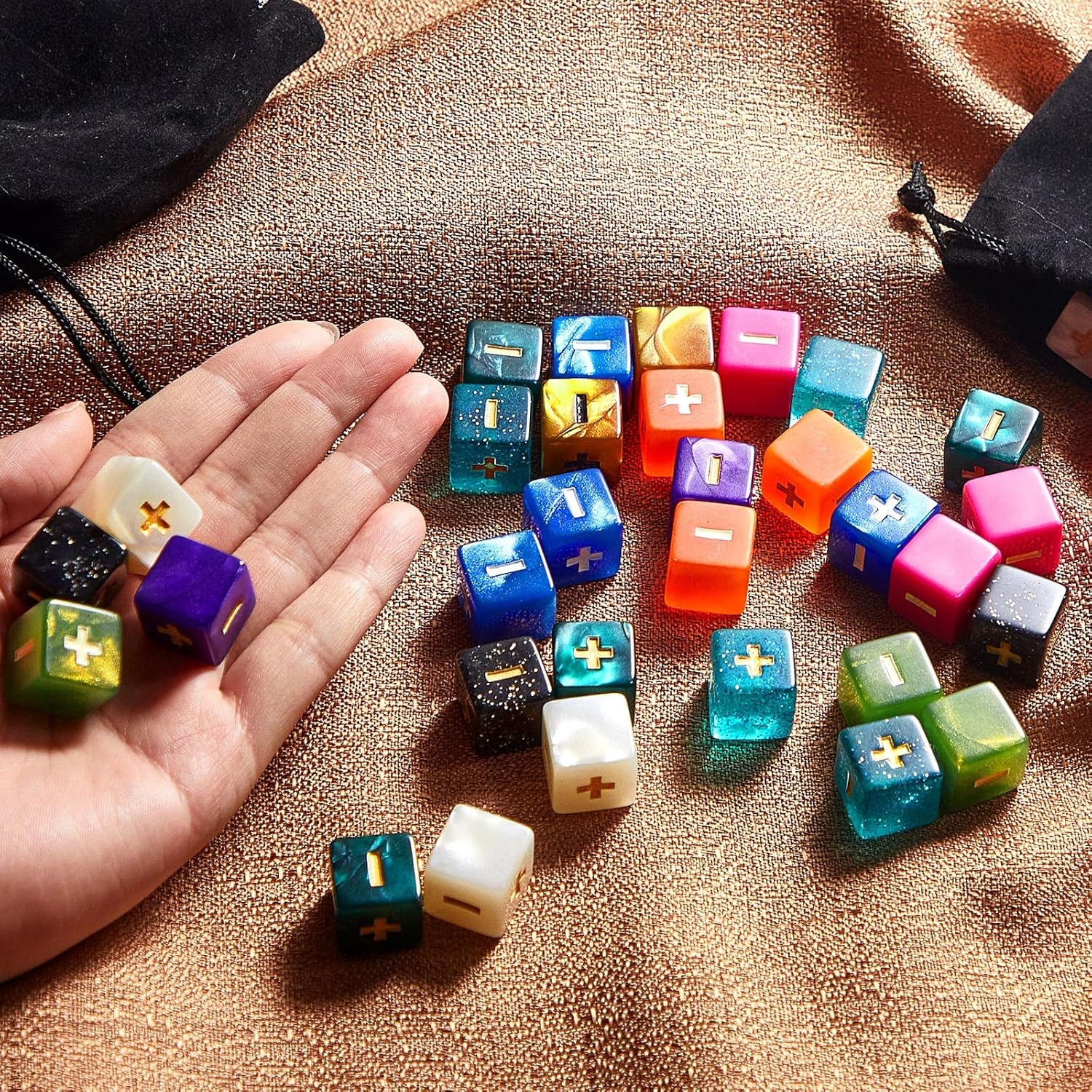 Sumind 40 Pcs Fudge Dice with 2 Black Velvet Bags plus minus Dice Multicolored Acrylic Dice Toys with Plus, Minus, and Blank Sides for Kids Classroom Teacher Teaching Games Props, 10 Colors image number 4