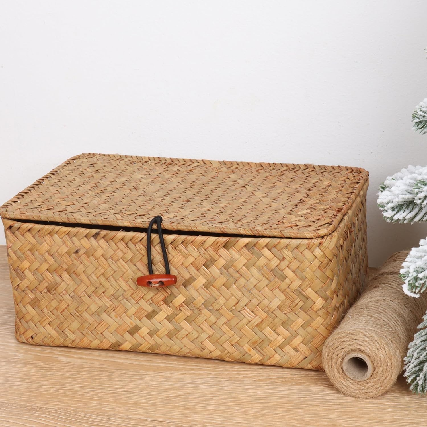 Wicker Shelf Baskets with Lid,Handwoven Seagrass Basket for Storage Basket Bins Rectangular Home Organizer Gift Boxes (Natural Large) image number 6