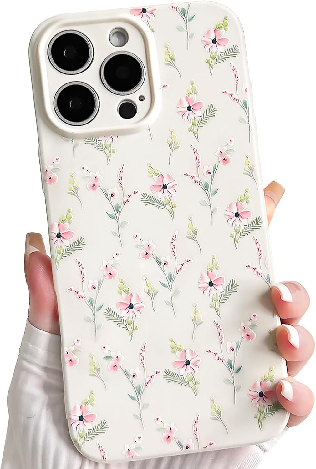 NITITOP Compatible with Iphone 12 Pro Case Cute Pink Flower Floral Aesthetic Design with White Back for Women Girls Trendy Slim Soft TPU Full Camera Shockproof Protective Cover - Pink