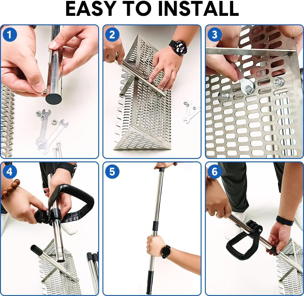 ALSTON Beach Rake Stainless Steel Sand Flea Rake 140Cm Long Detachable Handle and Shark Tooth Wide Sifter for Easy Sand Flea Removal with Bonus Basket and Tools image number 4