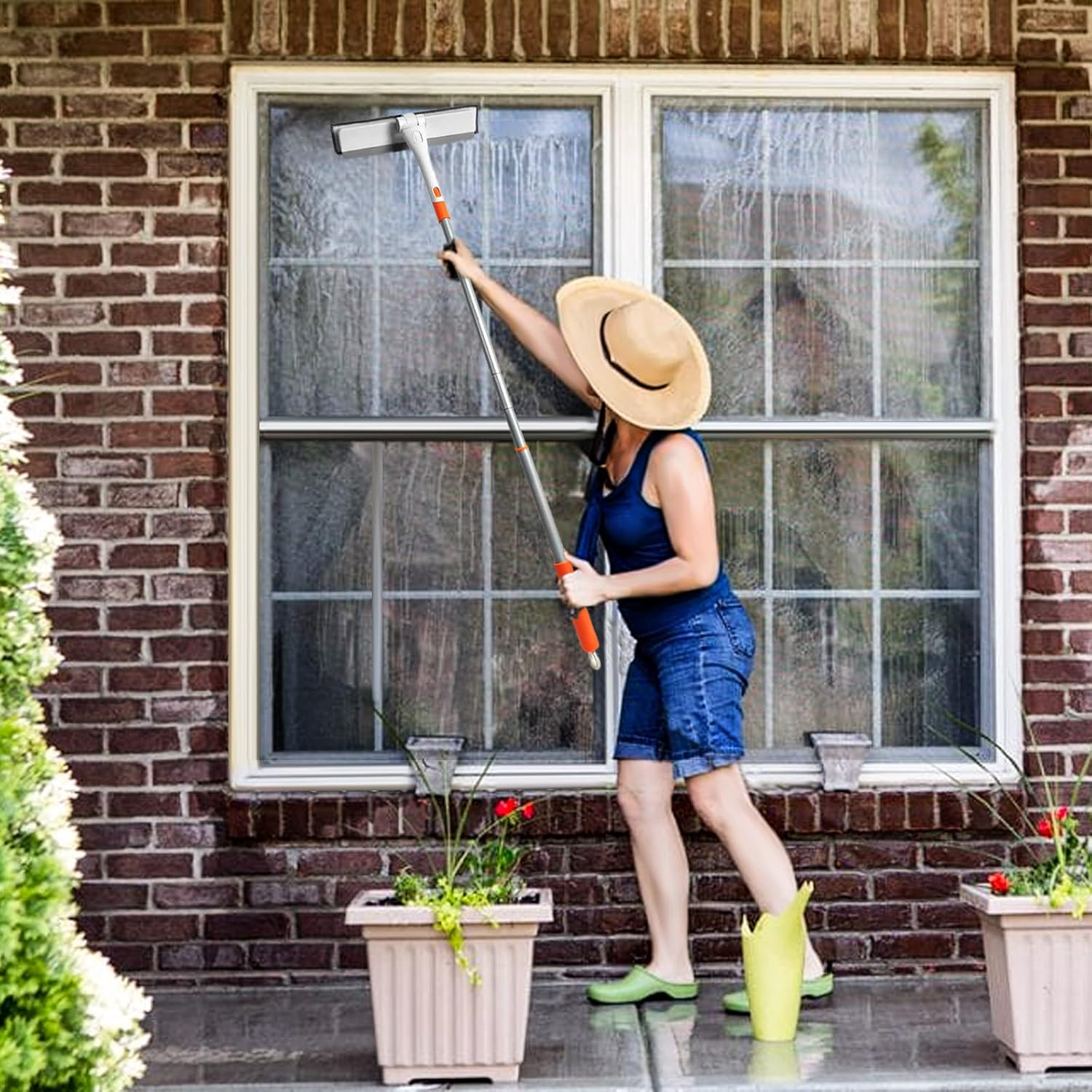 JEHONN Telescopic Window Squeegee Cleaning Equipment Kit 120 Cm 2 in 1 Extendable Window Cleaner Tool, Scraper and Scrubber Combo with 180 Degrees Rotation Head for Home Windows Glass Cars (Orange) image number 2