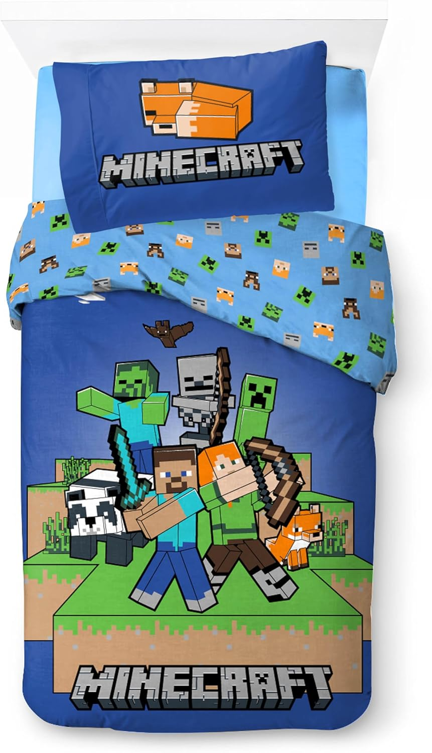 Minecraft Bedlinen Single Size | Duvet Cover 140X200 Cm + Pillowcase 60X65 Cm, 100% Cotton | Soft, Colorful & Reversible Bedding Set for Kids | Minecraft ''Jungle Explore'' Design