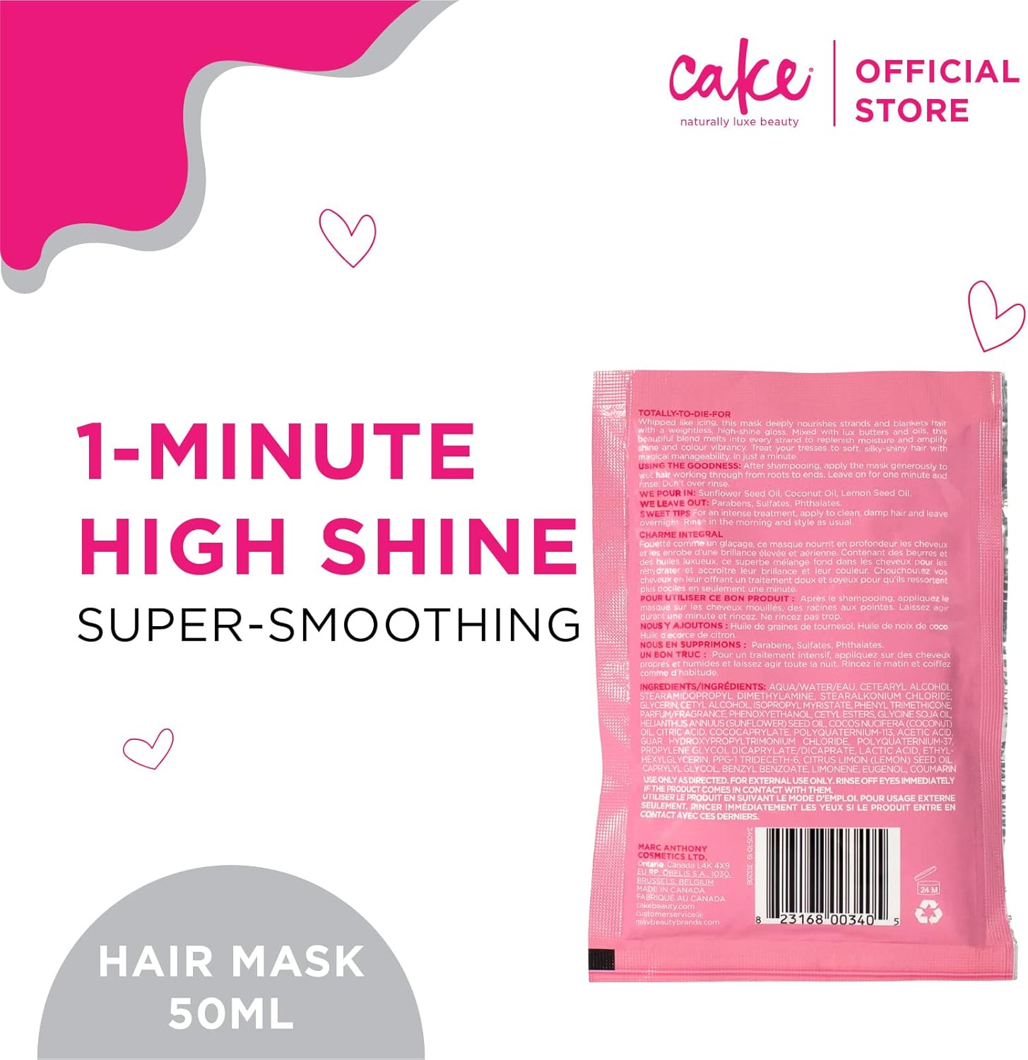 Cake Beauty the Top Coat One Minute High Shine Hair Mask, 1.76 Ounce