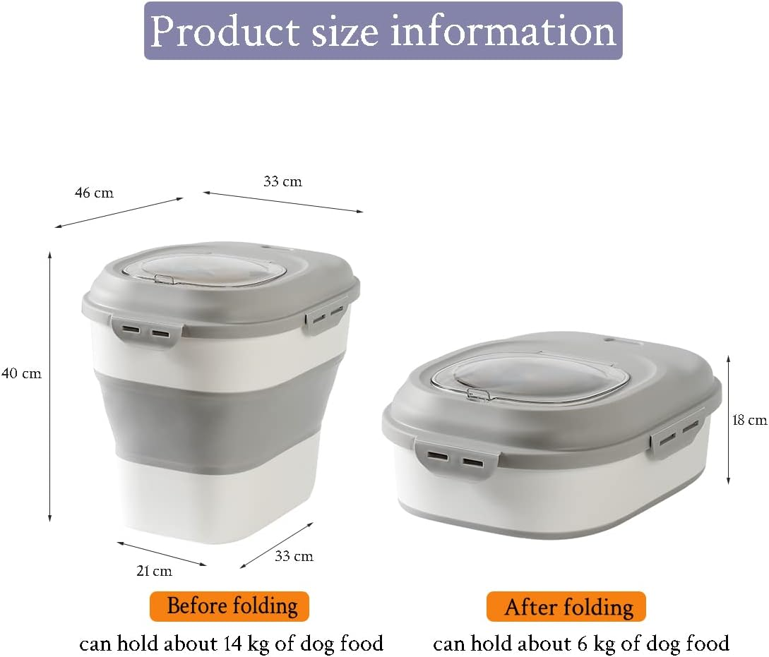 REASOR Dog Food Storage Container,Collapsible 15 Kg Large Capacity Dispenser Bin with Rolling Wheel Airtight Locking Lid,Dog Pet Cat Flour Sugar Kitchen Rice Leakproof Sealable Drying Barrel (Grey) image number 4