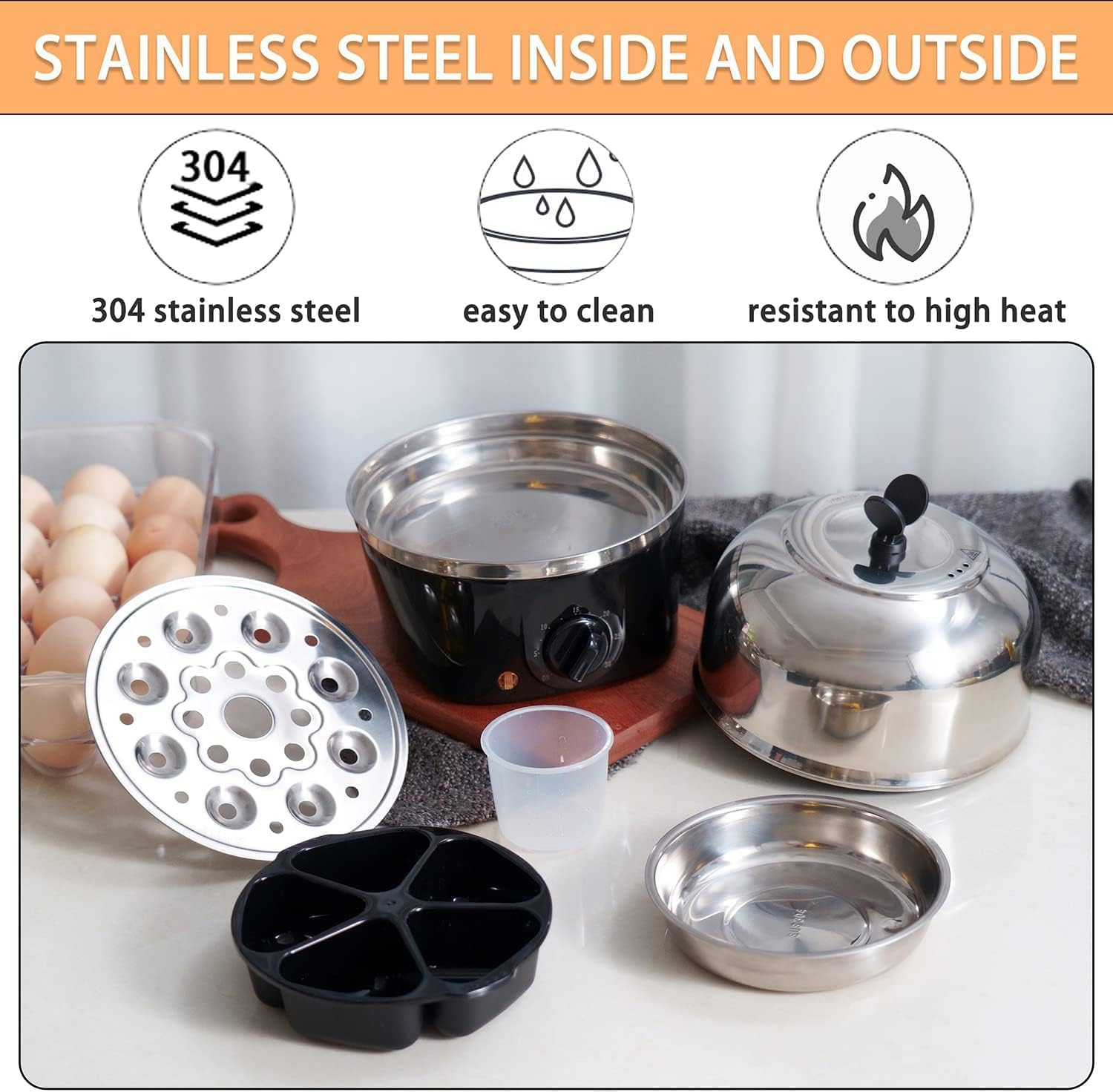 304 Stainless Steel Interior & Exterior, 9-Egg Capacity Rapid Electric Egg Cooker: Perfect for Hard-Boiled, Poached, & Scrambled Eggs, with Auto Shut-Off & 30-Minute Timer Settings image number 5