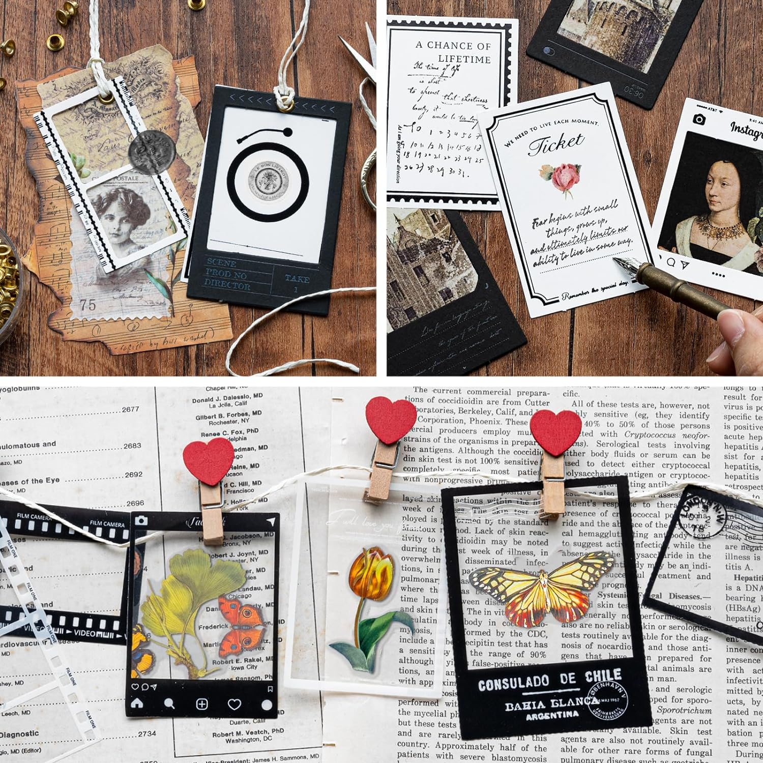 3 Packs Vintage Filmstrip Sticker Paperboard Cutouts Stamp Sticker Poster Sticker Collage Paper Frame Border Black White Scrapbooking Supplies for Crafting Card Making Journaling Photo Album (Episode)