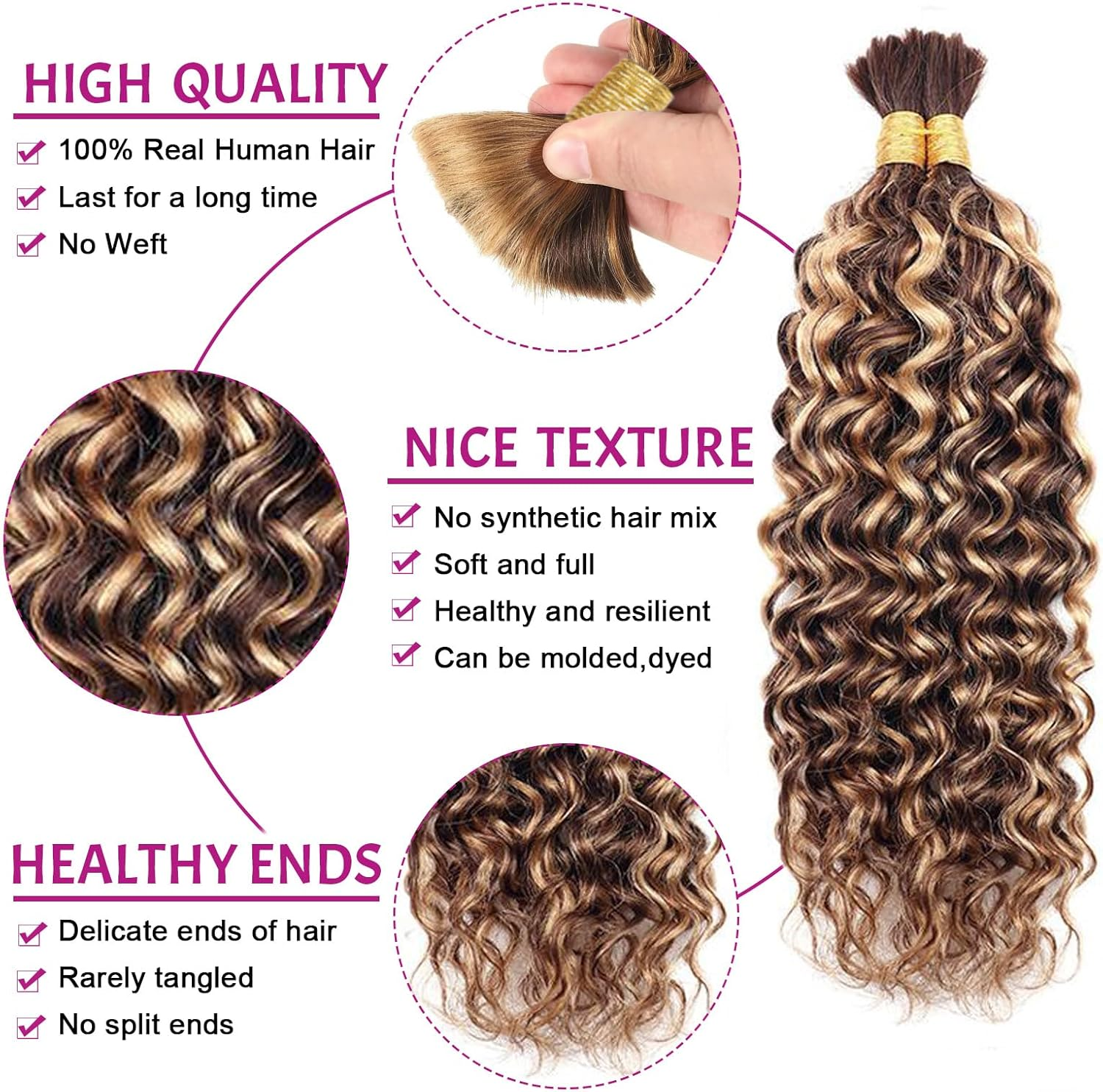 Daimer Ombre Human Braiding Hair 20 Inch Water Wave Bulk Human Hair for Braiding 2 Bundles/Pack 100 G Brazilian 100% Unprocessed Bilk Human Hair Honey Blonde Braiding Hair for Boho Braids (4/27)