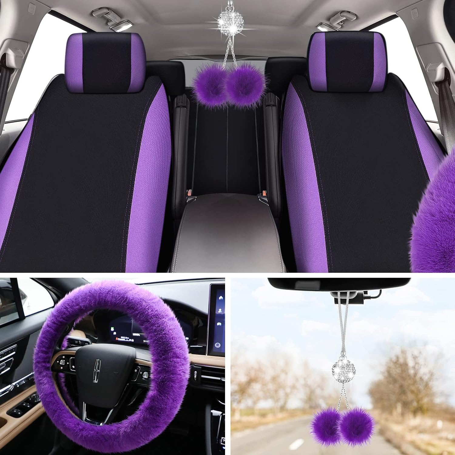 Tallew 17 Pcs Car Seat Cover Full Set for Christmas Fluffy Car Decor Front Rear Fluffy Steering Wheel Cover Soft Fleece Handbrake Shift Hanging Accessory Holder Ring Emblem Sticker(Purple)