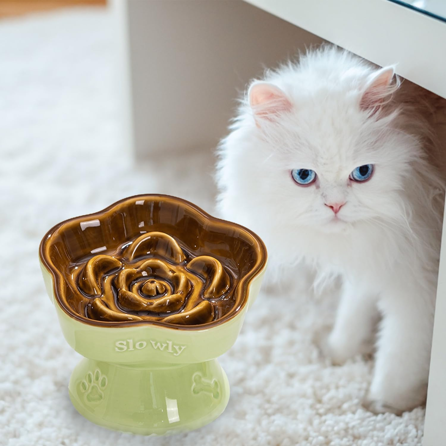 S&Q'S Ceramics Raised Slow Feeder Cat Bowl, Ceramic Elevated Cute Pet Food Bowl Small Dogs Slow Feeder, Flower Shaped Cute Cat Dish for Dry and Wet Food (Brown, 5.8") - Blue image number 2