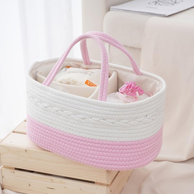 Mother and Baby Product Storage Basket, Portable Compartment Storage Basket, Bohemian Cotton Rope Storage Basket, with Removable Inserts, Nappy Organiser (White Pink)