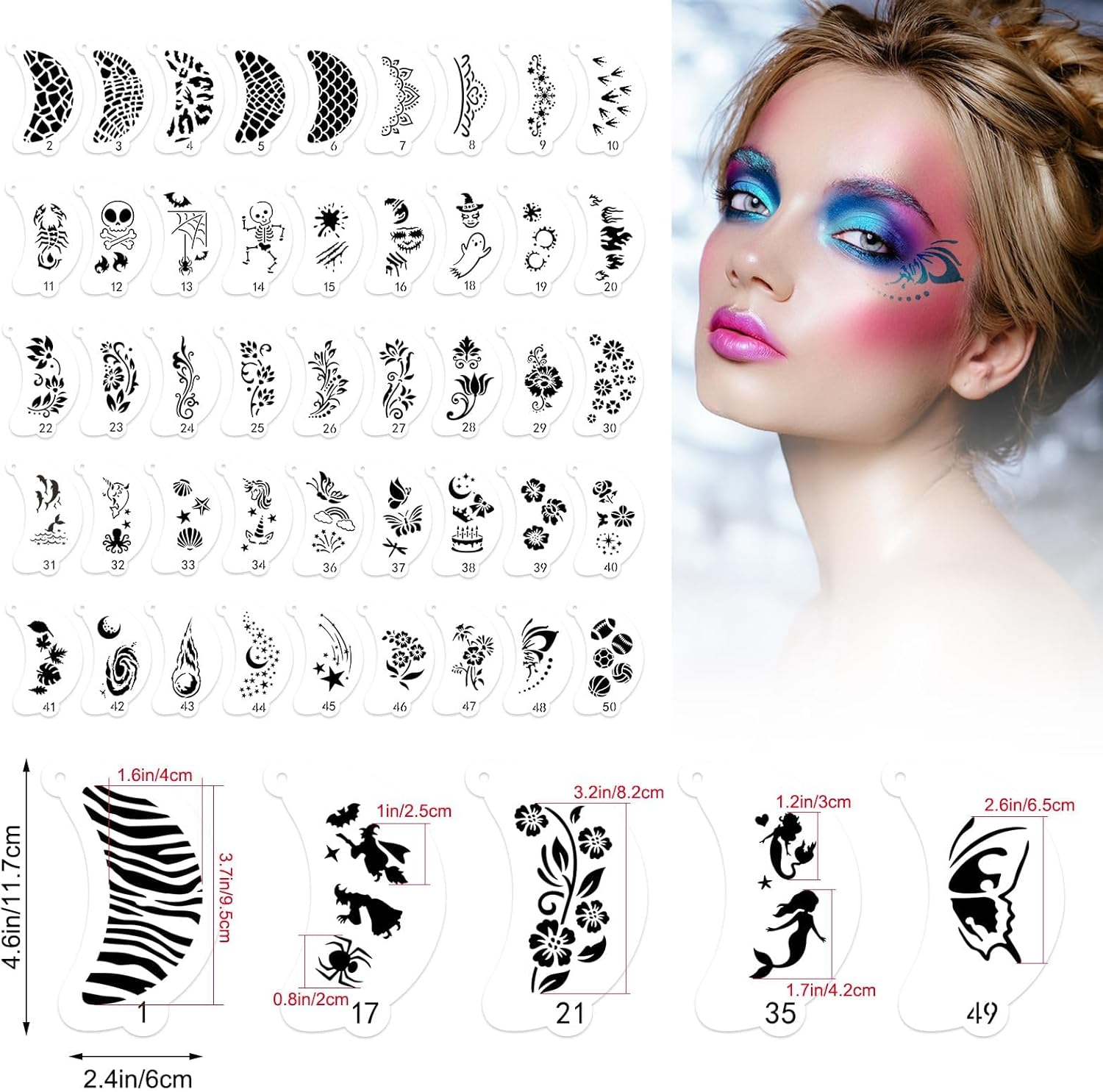 50Pcs Face Paint Stencils, Body Facial Painting Templates, Diverse Designs for Makeup, Halloween, Party Art Painting image number 2