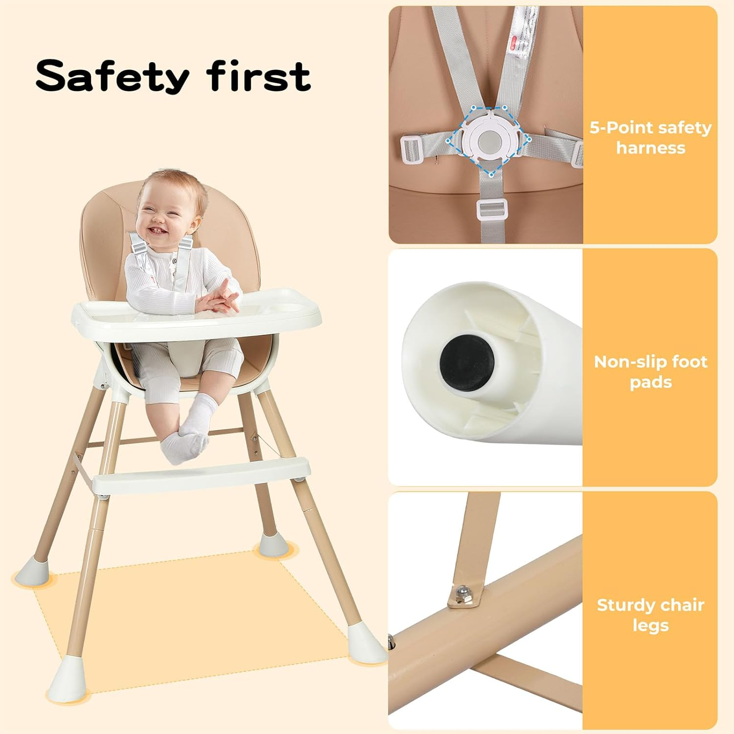 Bopeep Baby High Chair, 6-In-1 Convertible Toddler Chair, Removable Seat and Trays, Adjustable Height, Premium PVC Seat Cushion, Double Trays for Easy Clean, for 0-36 Months Dining(Pink) - Pink image number 3