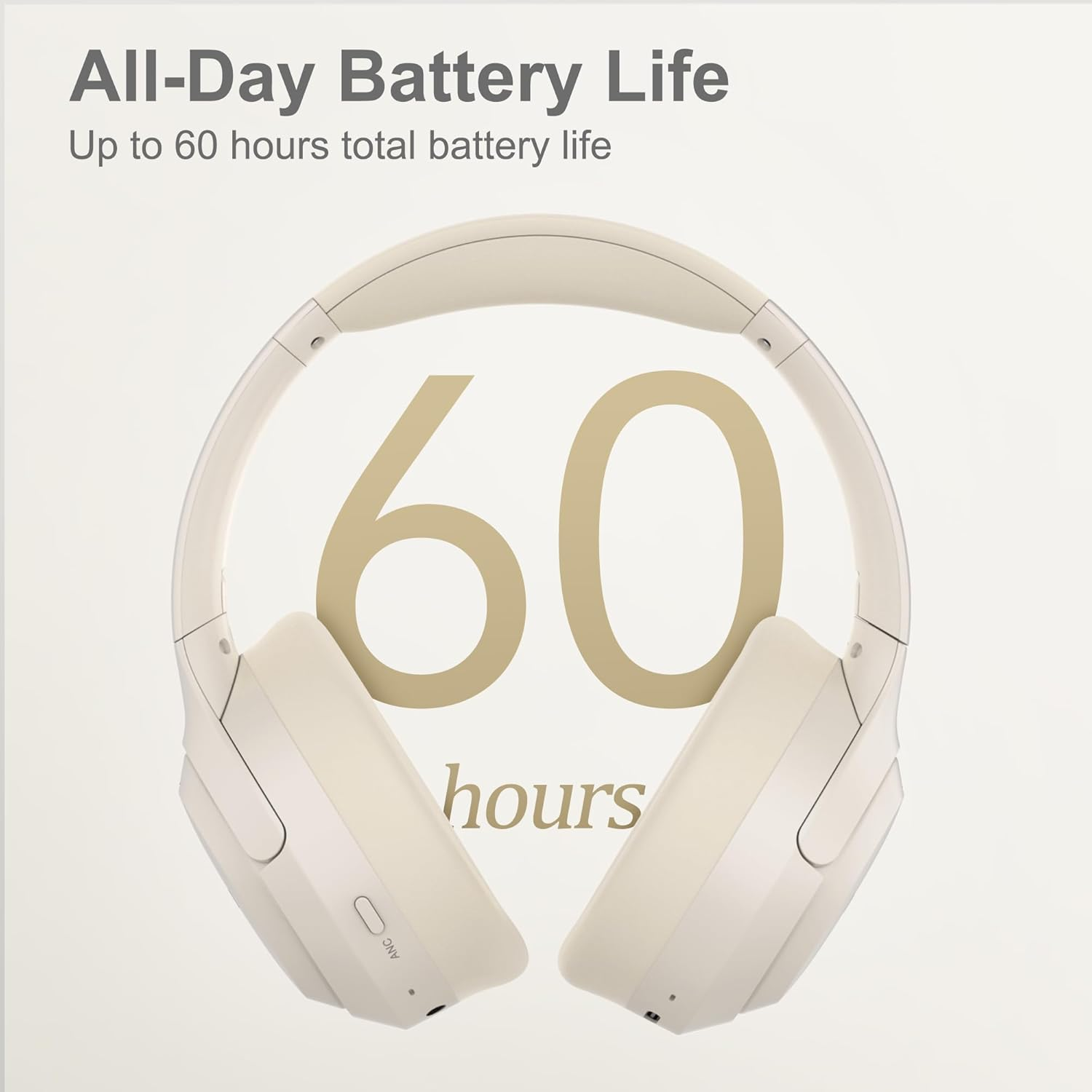 LORELEI QC60 Hybrid Active Noise Cancenlling Headphones,Wireless over Ear Bluetooth Headsets with Mic, 60H Playtime Foldable Lightweight, Deep Bass, Memory Earmuffs,For Travel Home Office(Beige White)