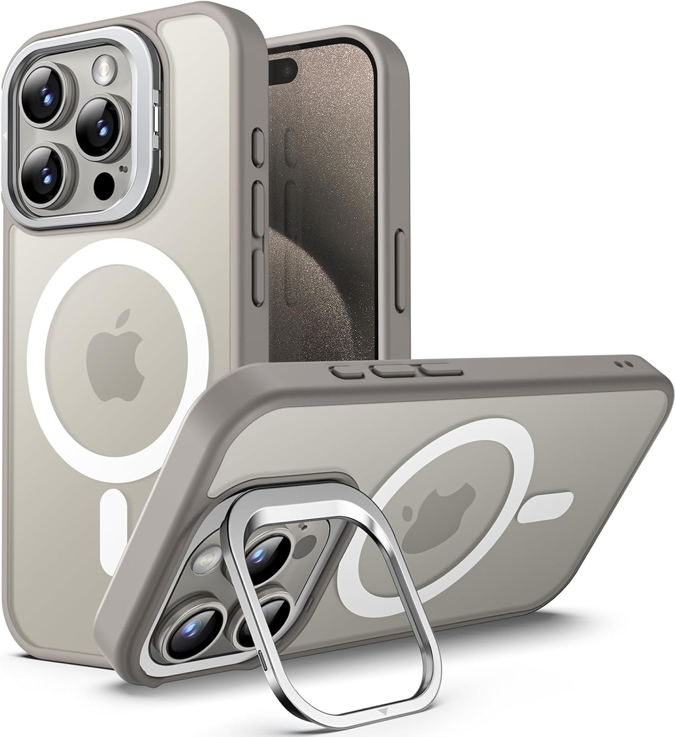 Jetech Kickstand Case for Iphone 15 Pro Max 6.7-Inch Compatible with Magsafe, Built-In Adjustable Camera Stand, Translucent Matte Magnetic Back Slim Shockproof Phone Cover (Black Titanium)