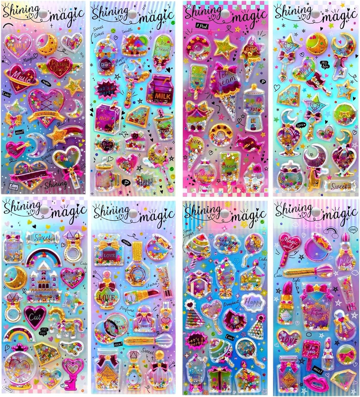Kids Puffy Stickers for Girls, 120 PCS 3D Reward Stickers with Shaking Sequins,Party Favors with Cute Sparkly Gem for Birthday Gift image number 1