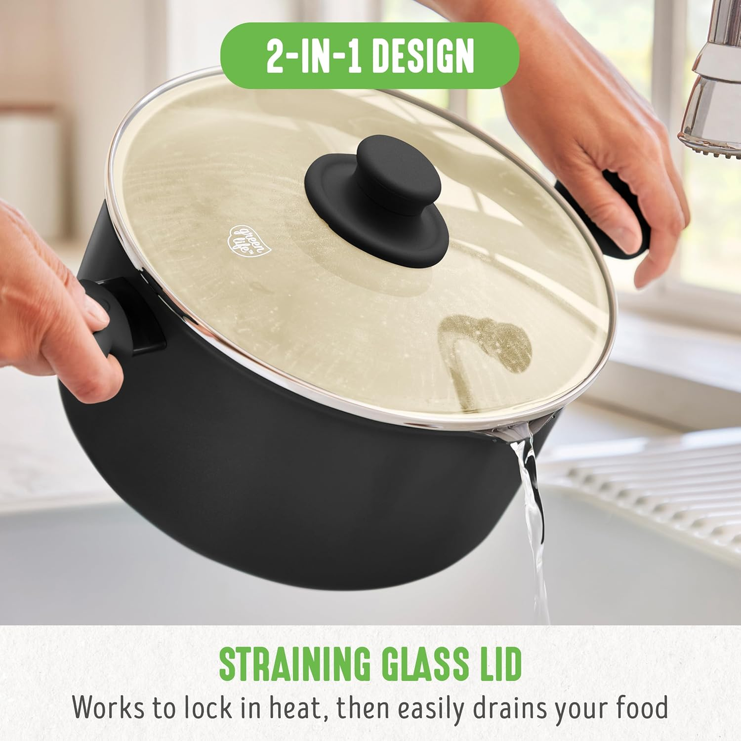 Greenlife Softgrip Healthy Ceramic Nonstick, 6QT Stockpot with Lid and Straining Lid, Pfas-Free, Dishwasher Safe, Black - Black image number 6