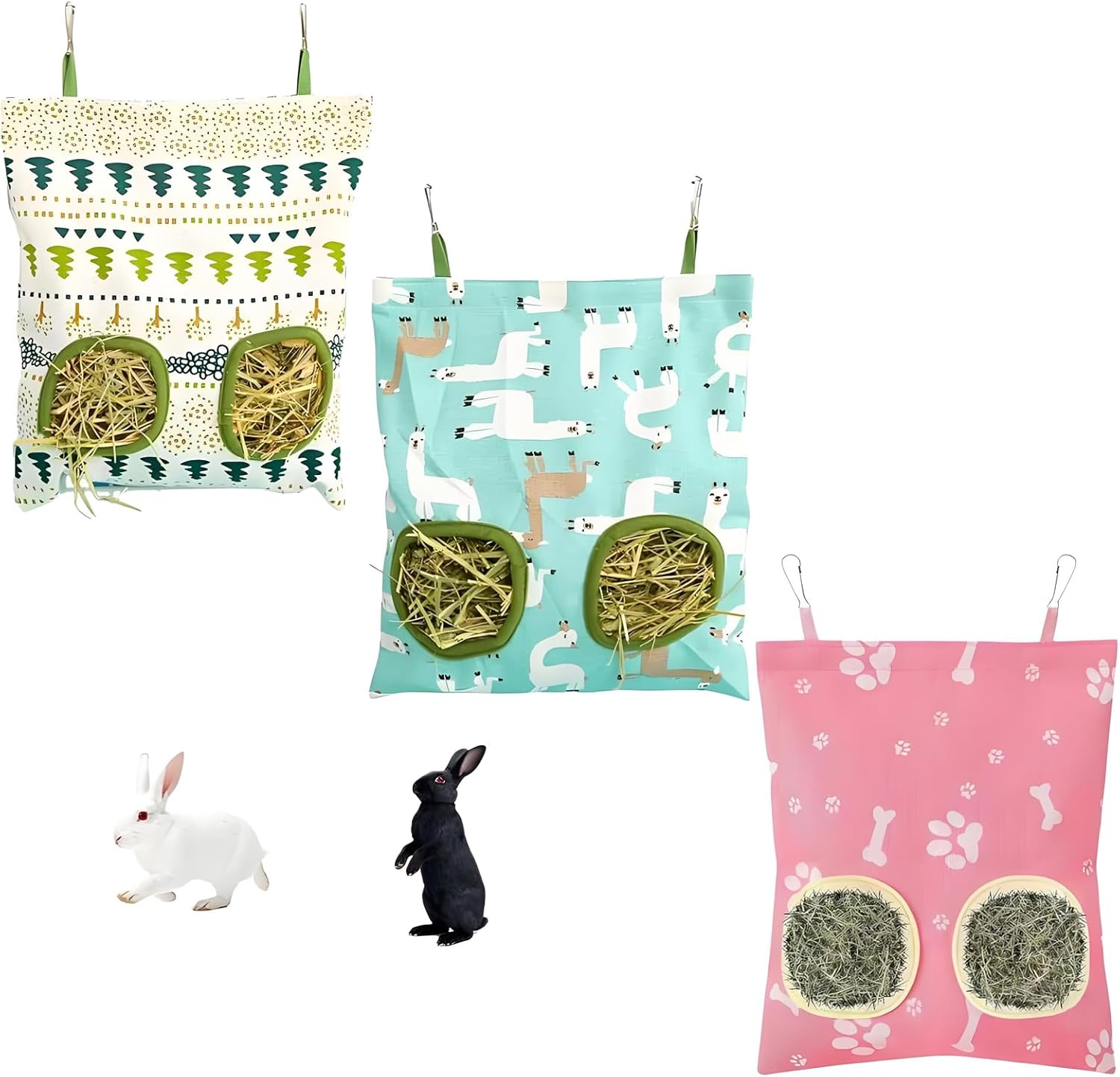 Xutong Pack of 3 Rabbit Hay Feeding Bags, Suitable for Small Rabbits, Hamsters, Guinea Pigs, Small Pets and Animals, Pink, White, Green image number 3