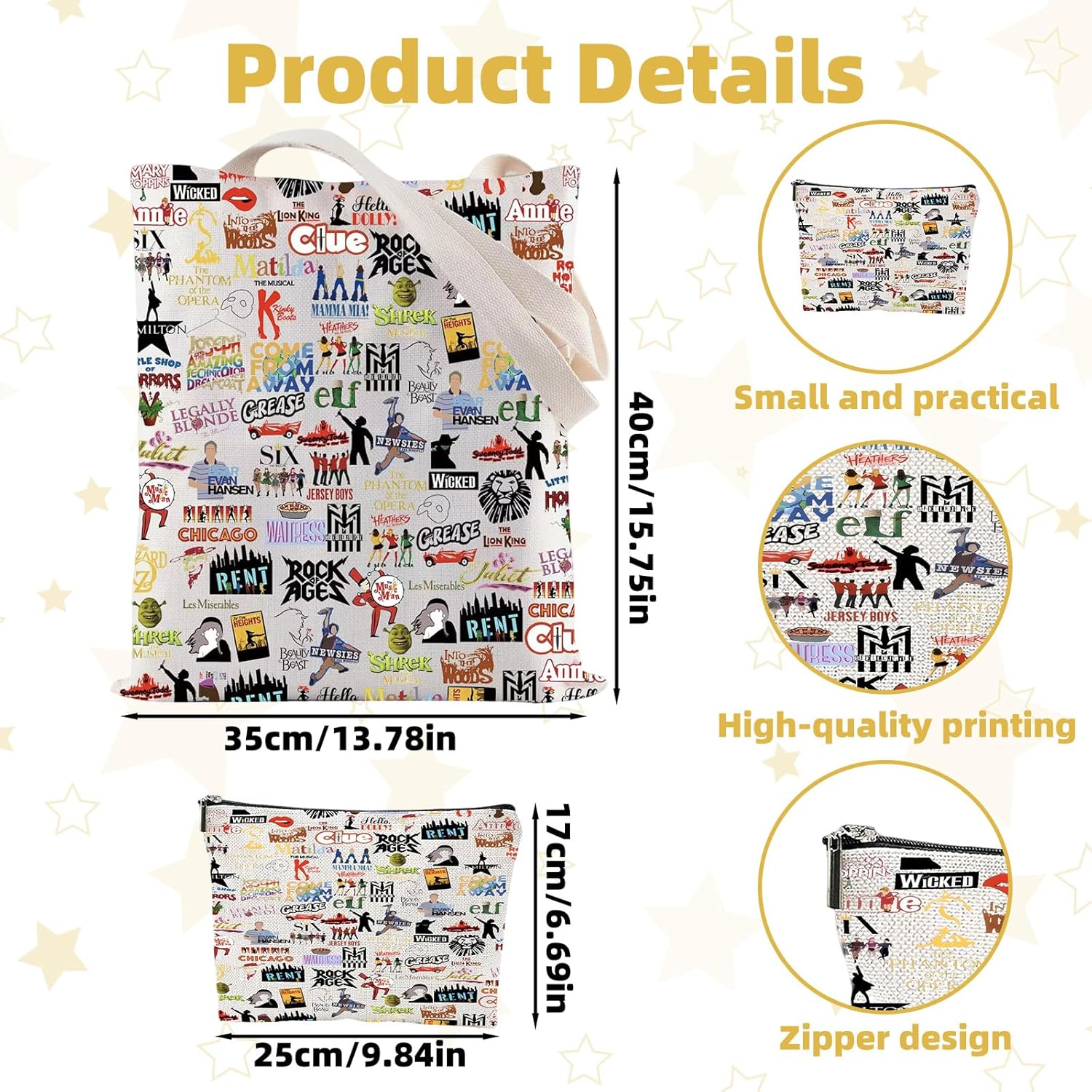 Onperpoe Theatre Tote Bag and Makeup Bag, Broadway Musical Theatre Gifts, Reusable Musical Bags Musicals Theater Lover Gifts image number 2