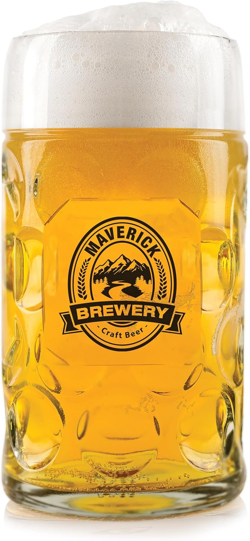 Isgift Maverick Classic Glass Beer Stein, Clear, 1L, Traditional Dimple Design with Logo, Great for Enjoying Cold Beers, Ideal for Home Bars and Bbqs
