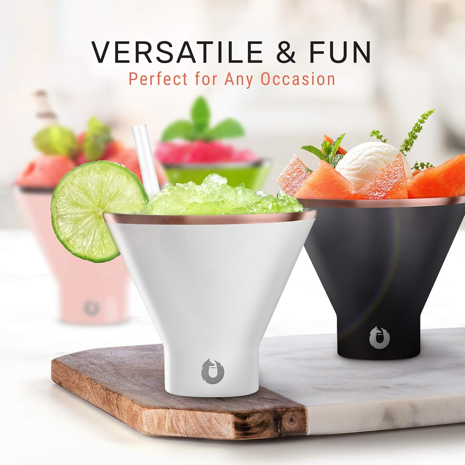 SNOWFOX Premium Vacuum Insulated Stainless Steel Martini Glass -Set of 2 -Martinis Stay ICY Cold -Stemless Cocktail Glasses -Elegant Home Entertaining -Bold Beautiful Barware Set -8 Oz -Black/Gold