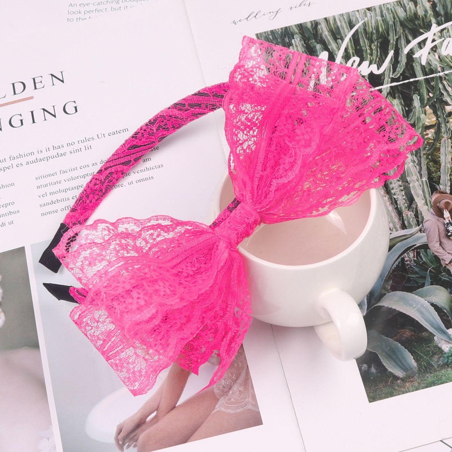 1 Piece Lace Bow Headband with 1 Pair of Mesh Gloves, Neon Hair Accessories for Girls, 80S Headband, Cute Bow Headband, Suitable for Parties, Celebrations, Stage Performances image number 4