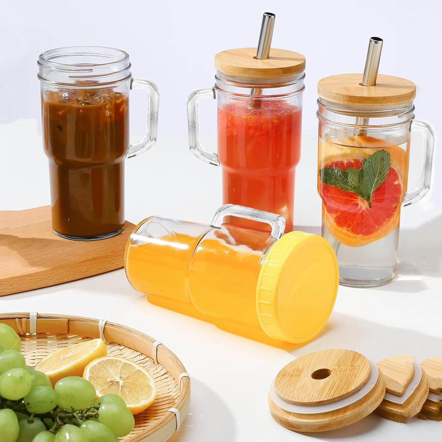 Glass Cup with Bamboo Lids and Straws 4Pcs 24Oz/700Ml Mason Jar Drinking Glass with Handle Straw Brush-Wide Mouth Reusable Drinking Glasses for Water Iced Tea or Coffee image number 5