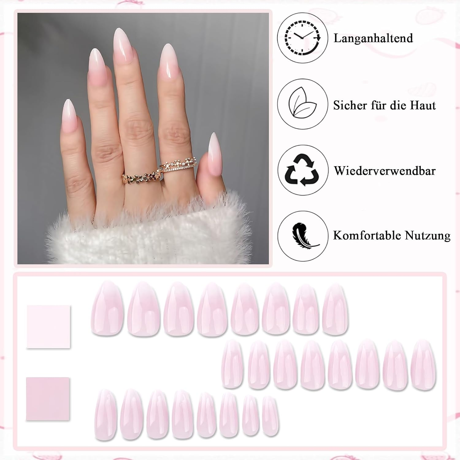 Pack of 24 Press on Nails Almond - Pink Colour Gradient Artificial Nails Medium - Full Cover False Nails - Nude Gradient White Fingernails for Sticking on for Women and Girls (Pink White Ombre) image number 6