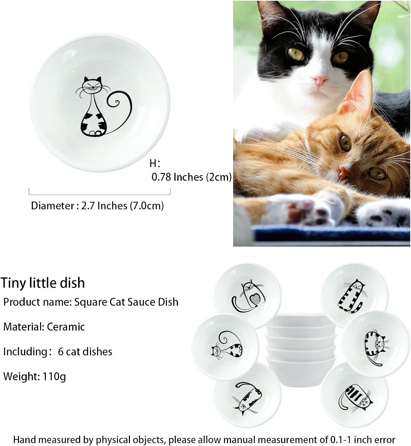 Super Cute Cat Ceramic Sauce Dish,Mini Side Seasoning Dish,Condiment Dishes,Sushi Soy Dipping Bowl,Snack Serving Dishes,Meow Porcelain Small Saucer Set(Set of 6) (7Cm) image number 2