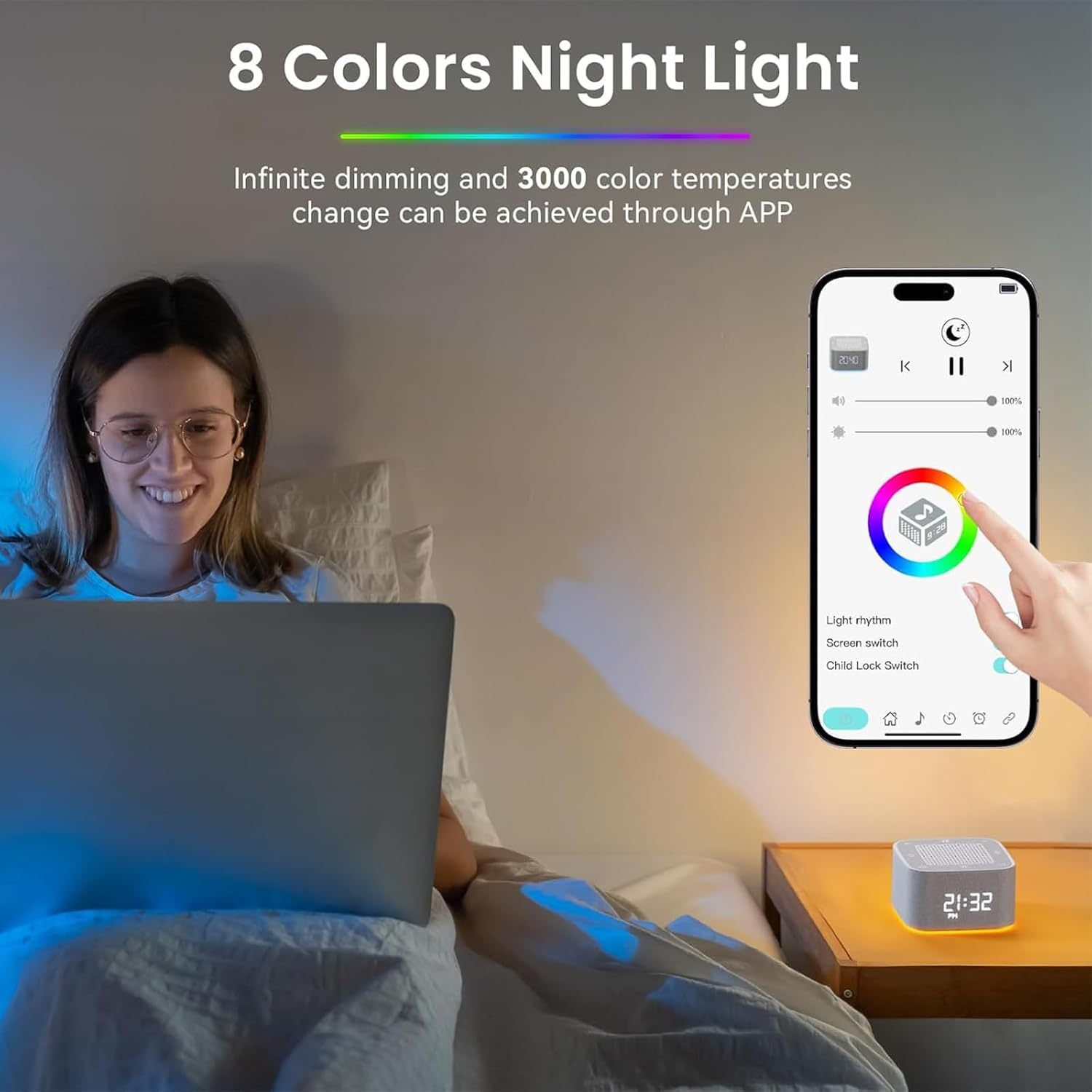 White Noise Machine & Alarm Clock 2-In-1, 32 Soothing Sleep Sounds, 8 Night Lights, （Application Control）, Sleep Timer, Volume Control, Memory Function, Adult Children'S Sleep Sound System image number 1