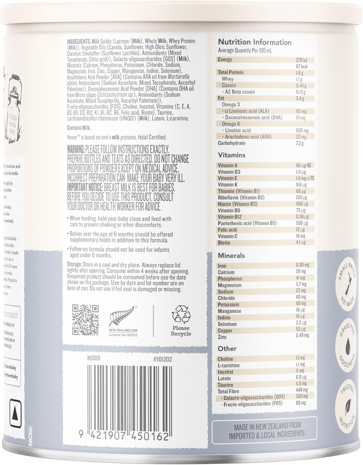 Haven A2 Cow Follow-On Formula, Stage 2 (6&ndash;12 Months), Made with Gentle New Zealand Grass-Fed Cow&rsquo;S Whole Milk, with Prebiotics, Probiotics, Palm Oil Free, GMO Free &ndash; 800G