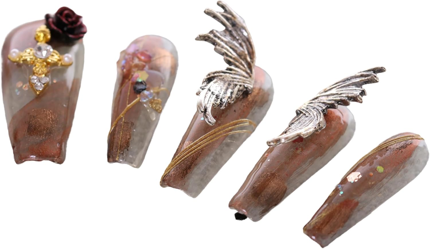 PN-023 Press-On Nails Varnished Pack of 10 Reusable Artificial Premium Nails Desert Rose Wings Transparent Brown image number 4