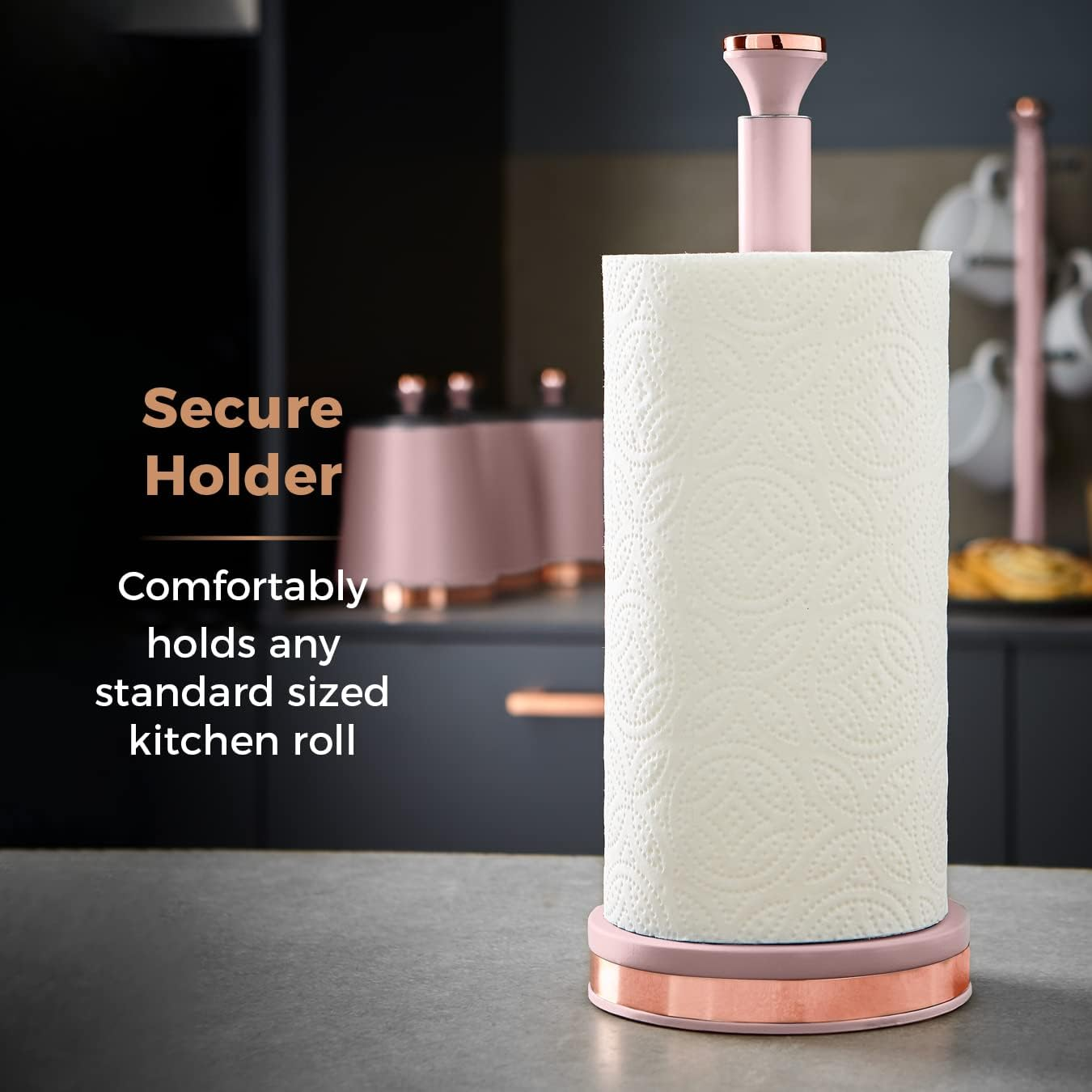 Tower T826133PNK Cavaletto Towel Pole Kitchen Roll Holder with Soft Underliner, Marshmallow Pink and Rose Gold