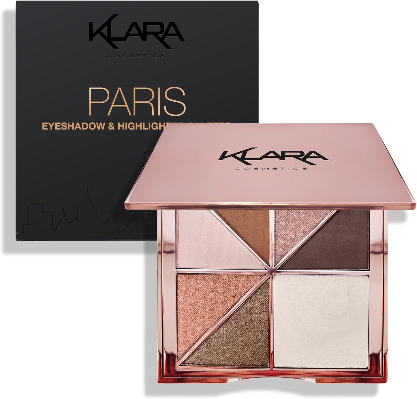 Klara Cosmetics New York Eyeshadow Highlight Palette Rosegold Shimmer Glitter Sparkle Luxury Versatile Crease-Free Easy-Blend Long Lasting Full Color Pigment