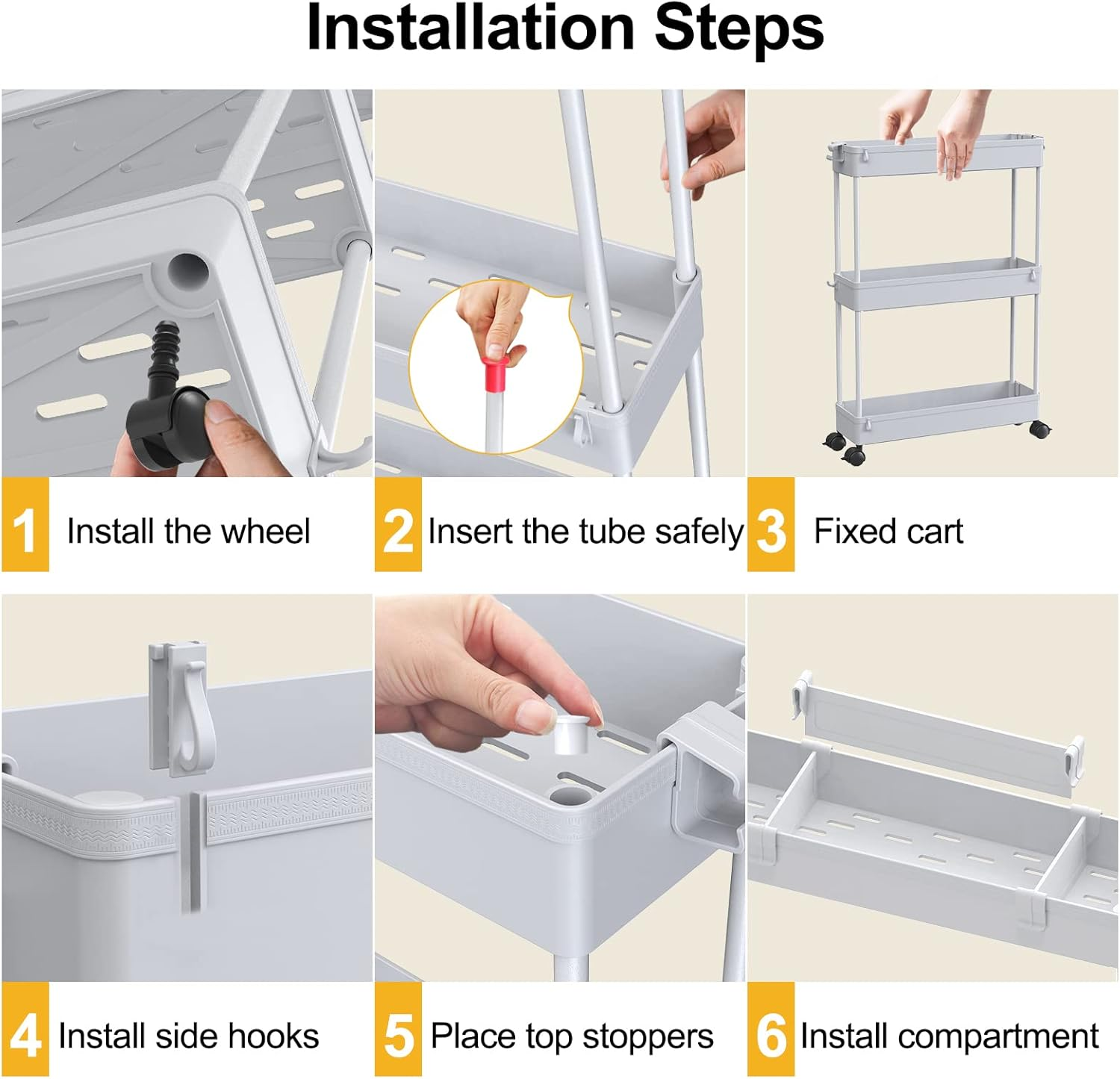 SPACELEAD Slim Storage Cart,3 Tier Bathroom Rolling Utility Cart Storage Organizer Slide Out Cart, Mobile Shelving Unit Organizer Trolley for Office Bathroom Kitchen Laundry Room Narrow Places, Grey image number 5