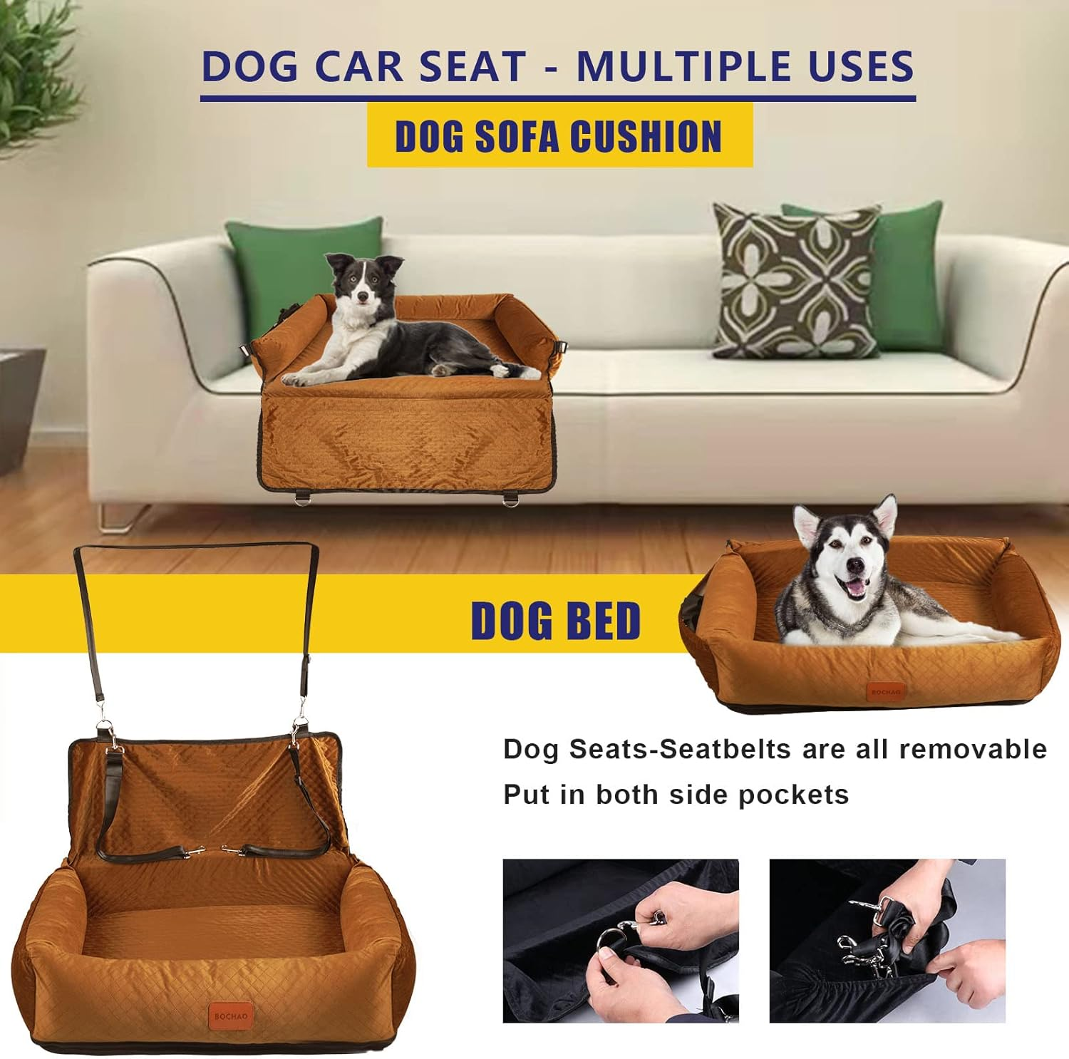 BOCHAO Dog Car Seat for Large/Medium Sized Dogs,Dog Car Travel Bed Dog Seats Made,Comfortable and Safe;Multipurpose Design-Can Be Converted into a Dog Bed or a Dog Sofa Cushion,With Dog Blanket. image number 4