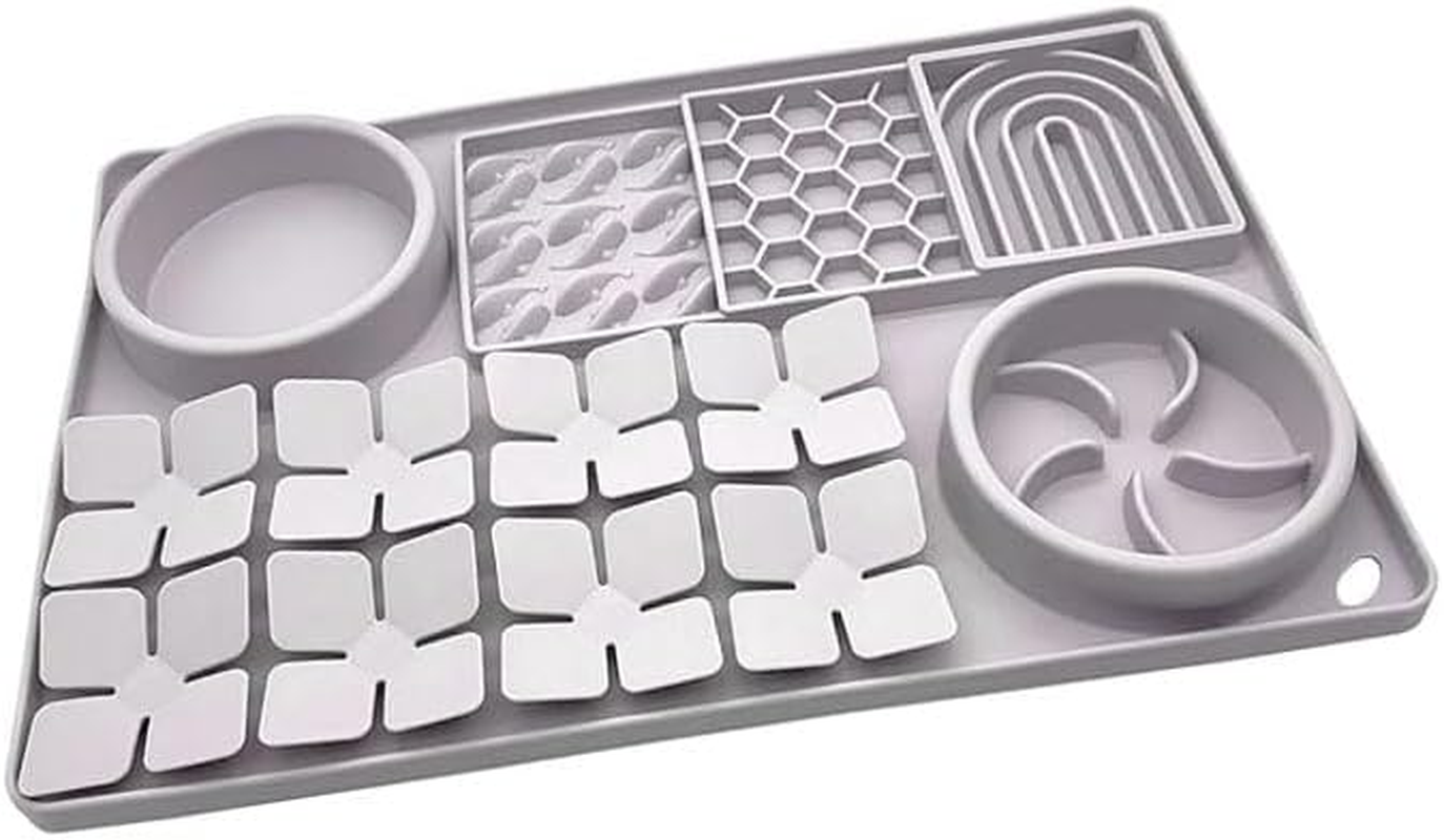 Pet Slow Feeder Bowl and Lick Mat Set, Snuffle Mat with Suction Cups, Interactive Puzzle Toy for Dogs and Cats, Grey image number 6