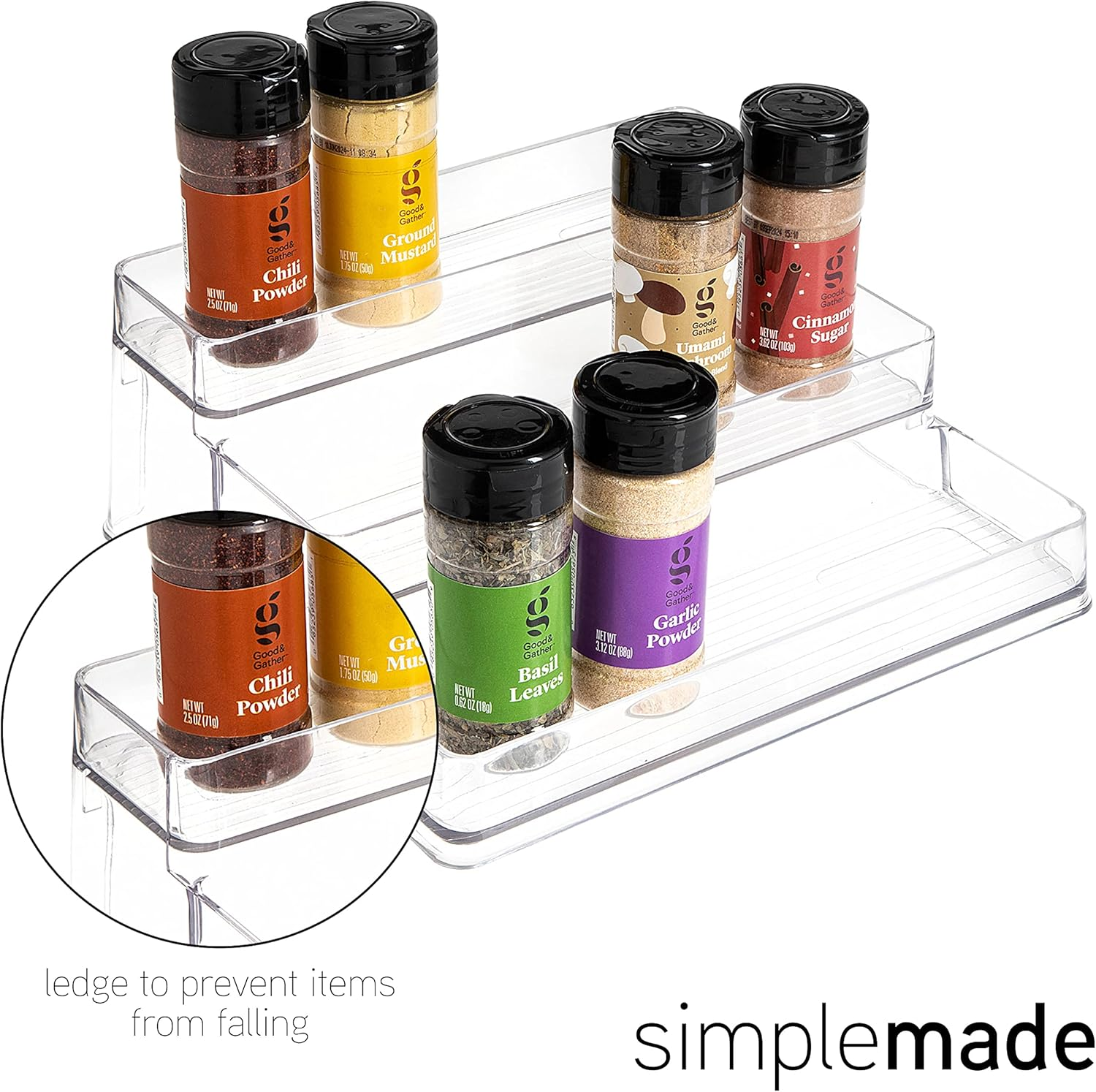 SIMPLEMADE Plastic Clear Spice Rack- Three-Tiered Shelf, Countertop, and Cabinet Storage and Spice Organizer for Kitchen, Bathroom, Bedroom, and Office, Home Storage and Organization Solutions image number 3