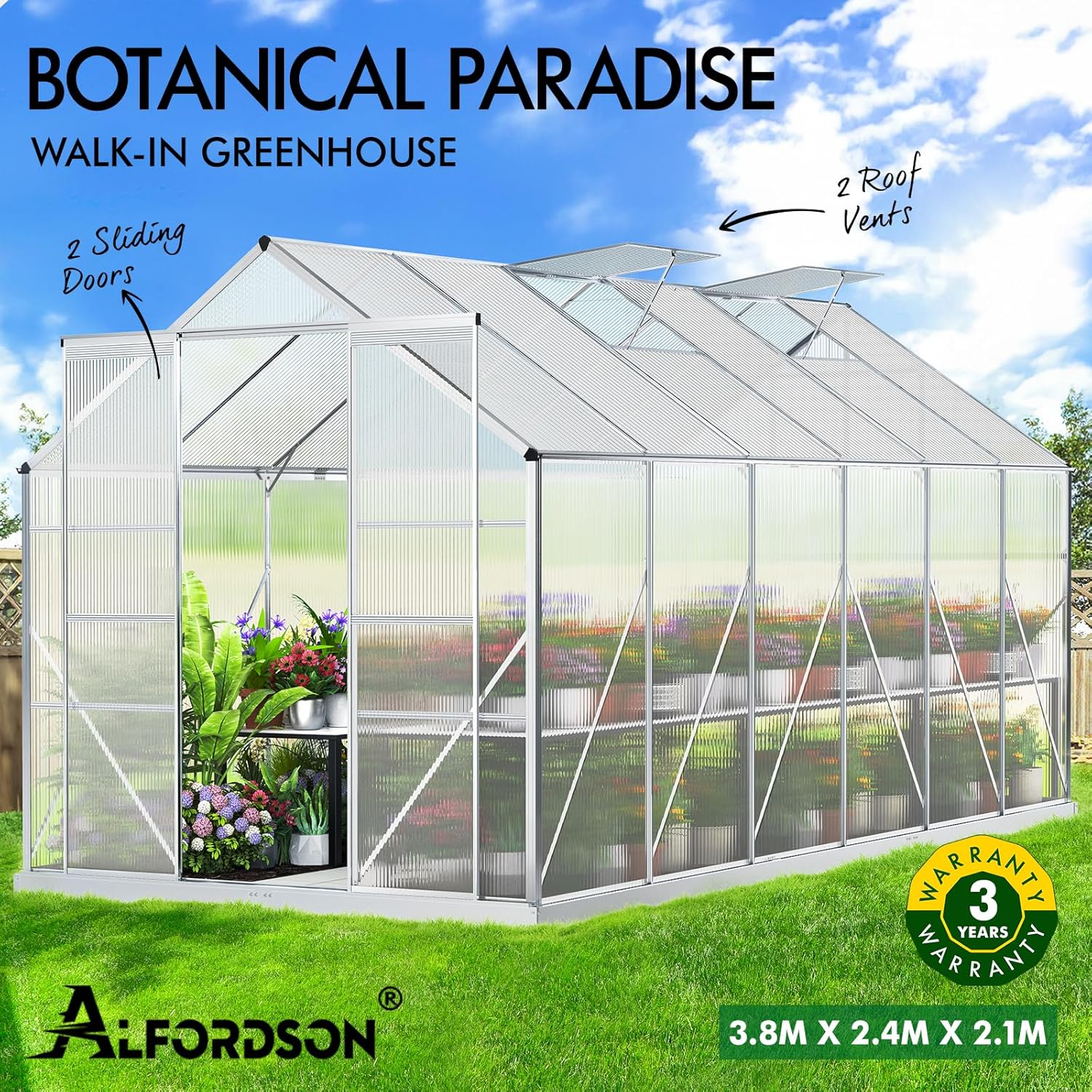 ALFORDSON Greenhouse Garden Shed Cover, Walk-In Tunnel Green House with Ventilation Windows, Aluminium Steel Frame Grow Tent for Gardening Plants Flowers, 3.8X2.4X2.1M image number 4
