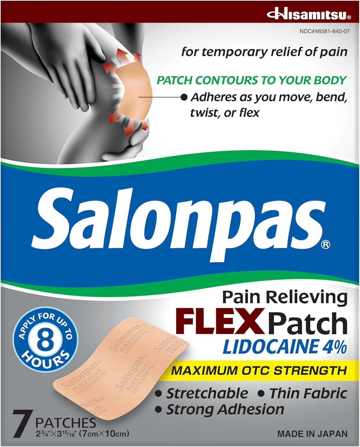 Salonpas Maximum OTC Strength Lidocaine 4% Pain Relieving FLEX Patch, Apply for up to 8 Hours, Unscented, Thin, Flexible, Lightweight, Patch Stays in Place, 7 Patches image number 2