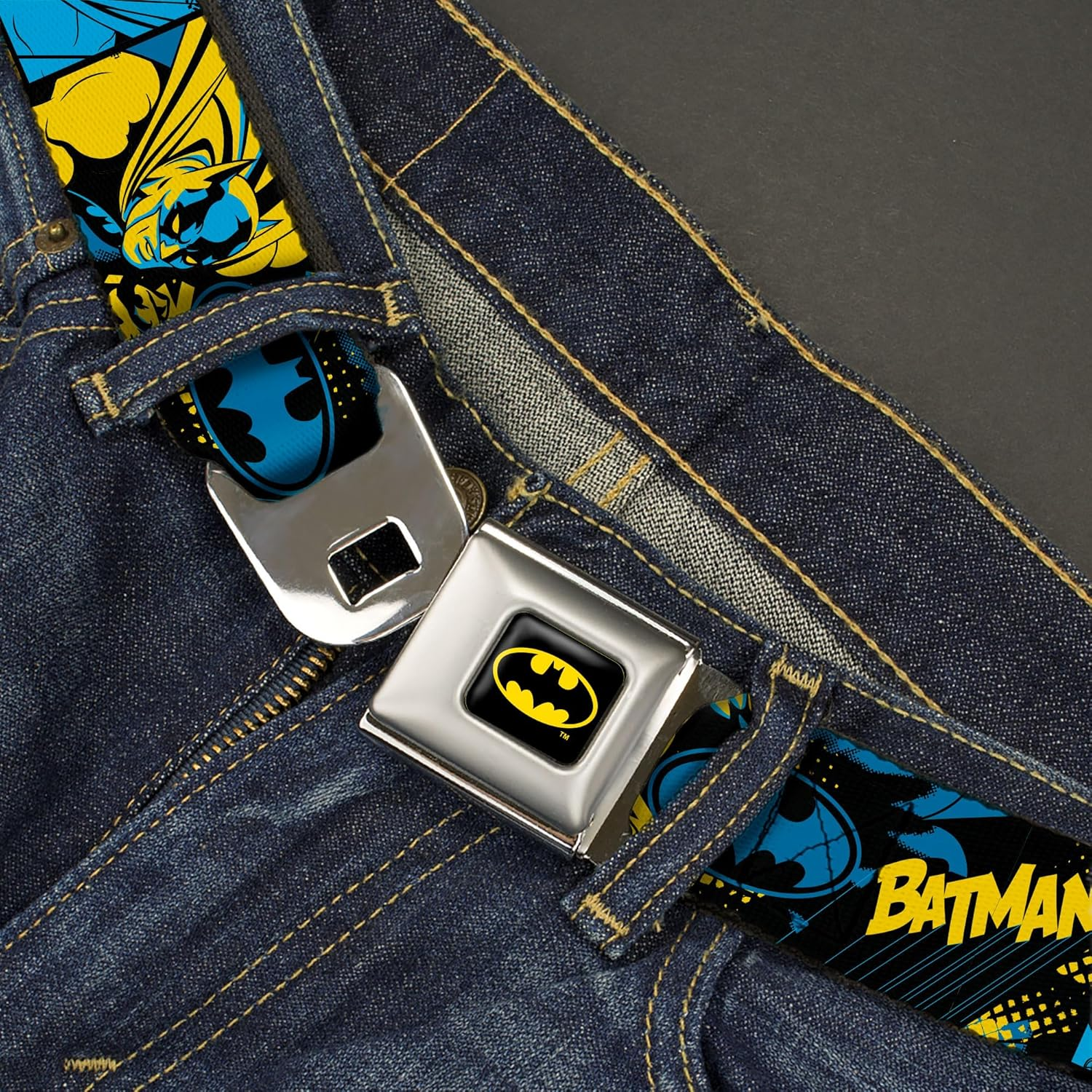 DC Comics Belt, Seatbelt Buckle Belt, Batman Poses and Logo Collage Black Blue Yellow, Adjustable