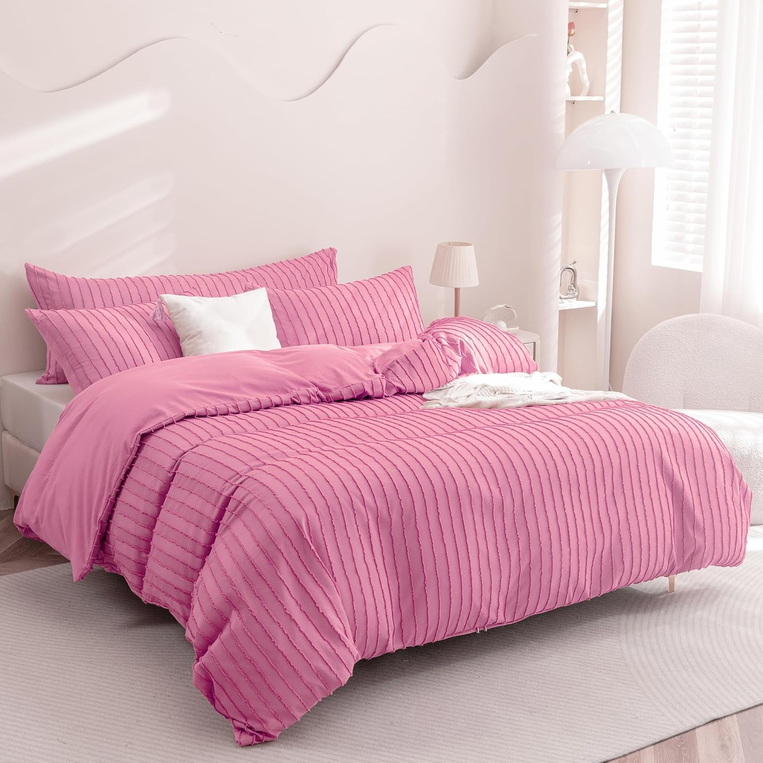 JELLYMONI Barbie Pink Duvet Cover Queen Size - 3PCS Microfiber Tufted Duvet Cover Set, Boho Striped Tufted Textured Duvet Cover with Corner Ties & Zipper Closure