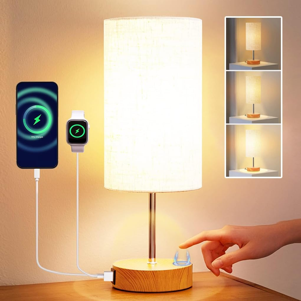 Clora 2 Pack Bedside Table Lamp Touch Lamp with Dual USB Charging Ports Dimmable Modern Nightstand Lamp 3 Color Temperatures Fabric Shade Reading Lamp LED E27 Bulb Included image number 6