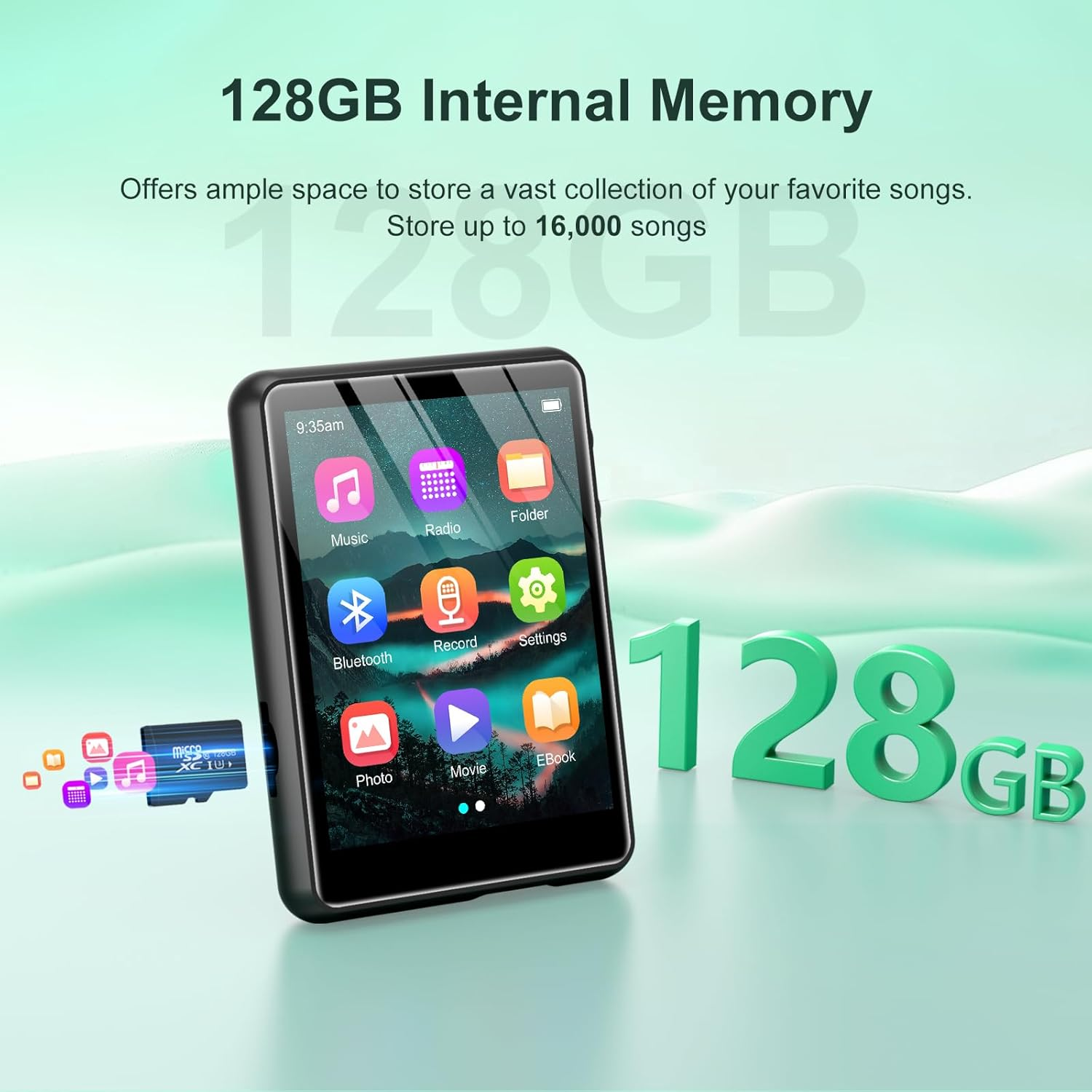 128GB MP3 Player with Bluetooth 5.4, 2.4" Portable Hifi Music Player with FM Radio/Hd Speaker/E-Book/Photo/Video/Alarm Clock, Walkman Digital Music Player Earphones Included - Black image number 5