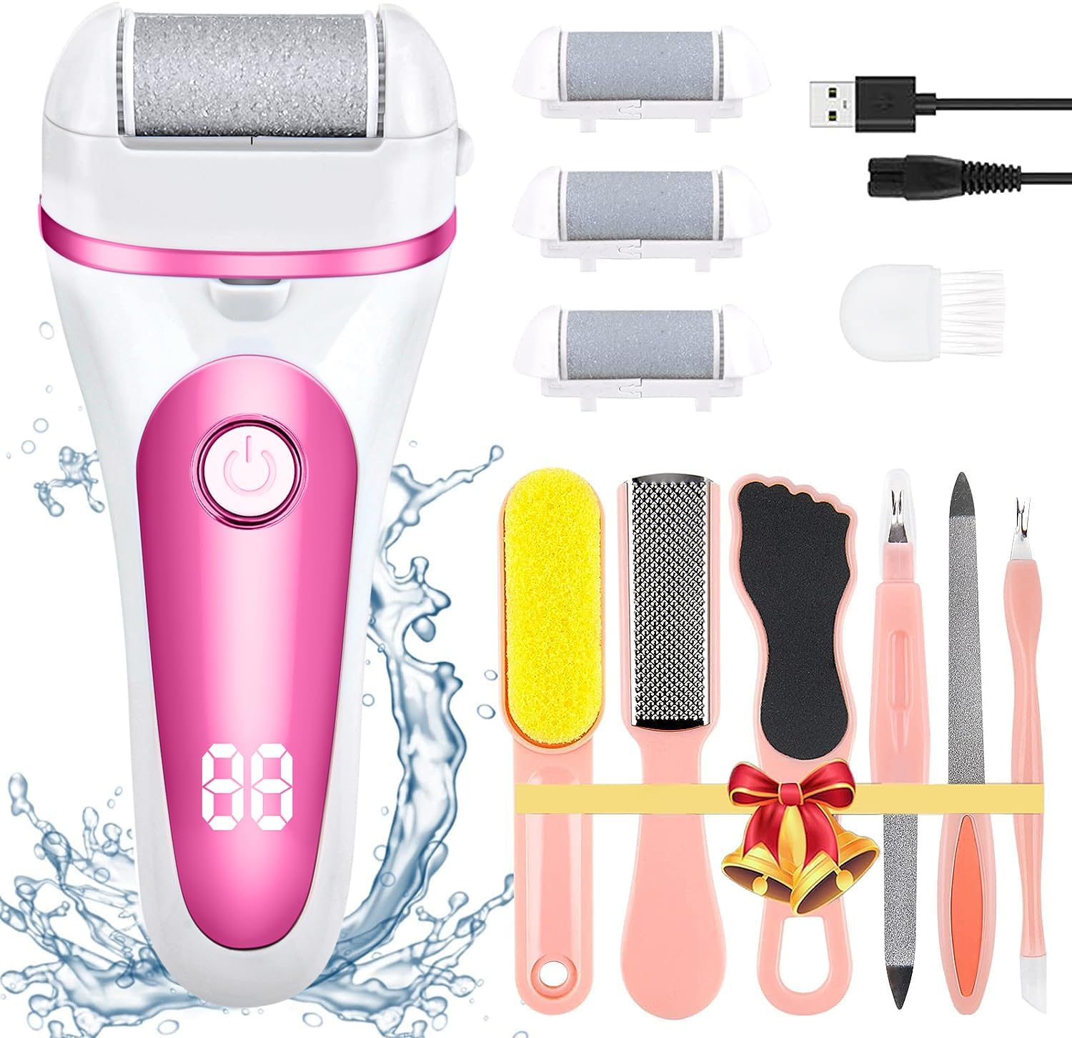 SIHOHAN Electric Callus Remover for Feet, 12 in 1 Pedicure Tools Kit, Rechargeable, Waterproof, 2 Speeds, 3 Roller Heads, Battery Display image number 1