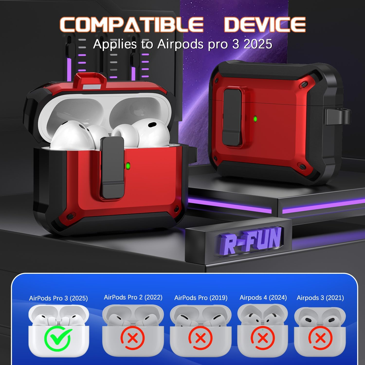 R-Fun for Airpods Pro 3 Case (2025) Cover with Cleaning Kit, Military-Grade Heavy-Duty Drop-Resistant with Auto Pop-Up Lid for Airpods Pro 3Rd Generation 2025 USB-C Charging Case, Red image number 6