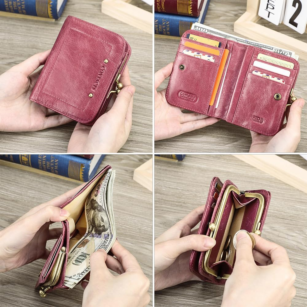 Full Grain Leather Kiss Lock Wallet for Women Kiss Clasp Coin Purse Vintage Bifold Card Holder RFID Wallet, Bean Paste Pink, Vintage