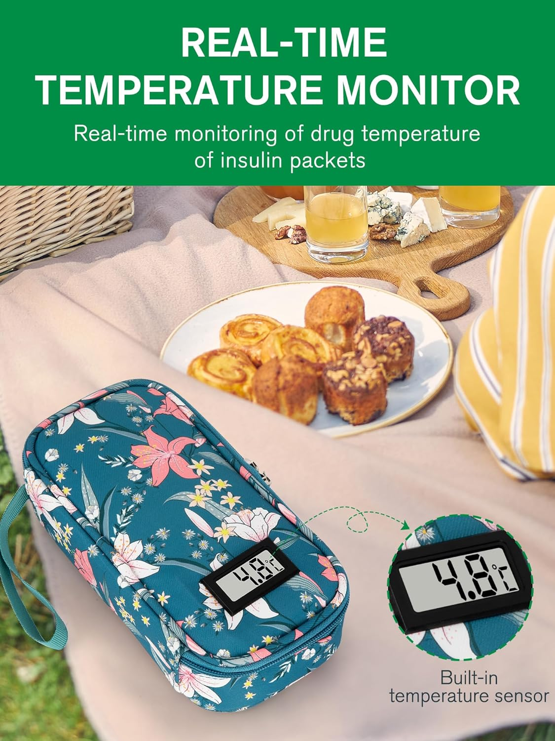 SUNMON High-Capacity Insulin Cooler Travel Case with Temperature Display, 8-10H Insulated Diabetic Medication Cooler Bag with 2 Ice Packs, Waterproof Injection Travel Case for 4-5 Pens (Lily) image number 3